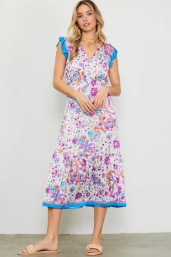 SKIES ARE BLUE Midi Dresses*Magnolia Border Print Flutter Sleeve Dress Floralcapriblue