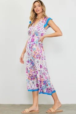 SKIES ARE BLUE Midi Dresses*Magnolia Border Print Flutter Sleeve Dress Floralcapriblue
