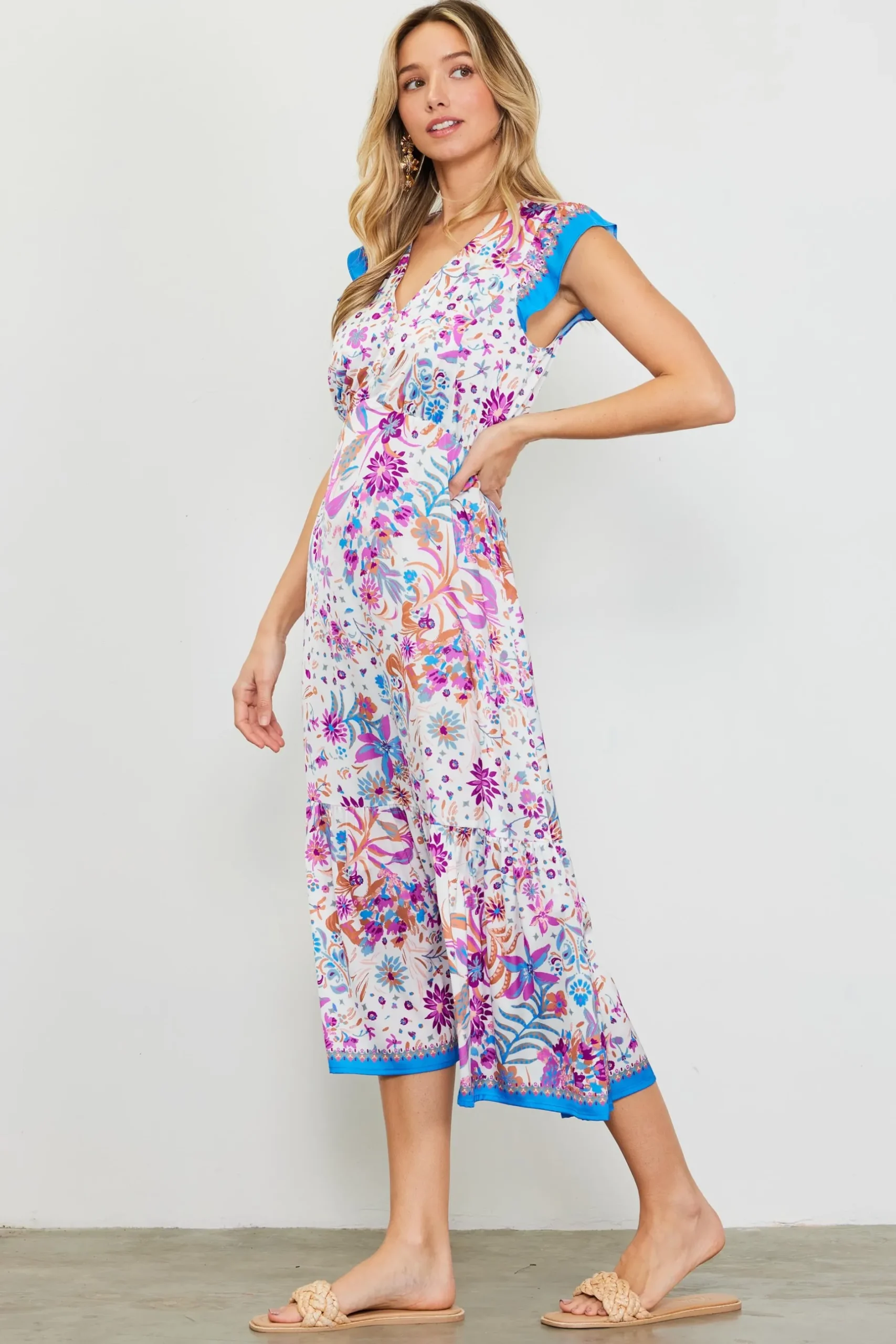 SKIES ARE BLUE Midi Dresses*Magnolia Border Print Flutter Sleeve Dress Floralcapriblue