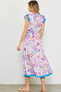 SKIES ARE BLUE Midi Dresses*Magnolia Border Print Flutter Sleeve Dress Floralcapriblue