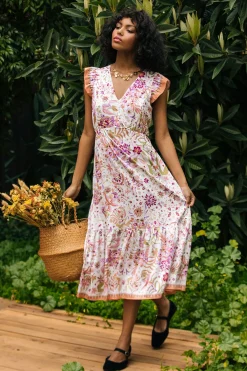 SKIES ARE BLUE Midi Dresses*Magnolia Border Print Flutter Sleeve Dress Multituscantan