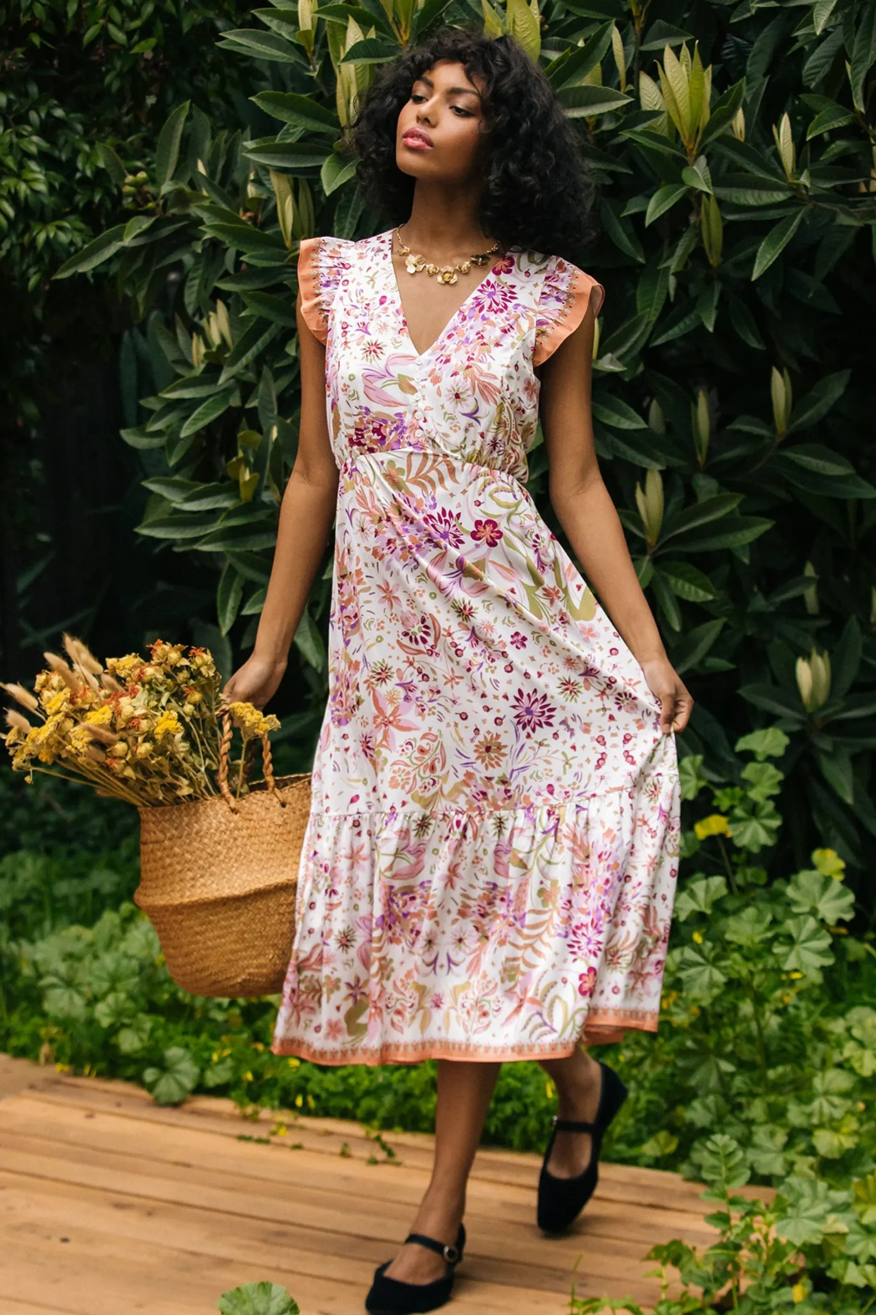 SKIES ARE BLUE Midi Dresses*Magnolia Border Print Flutter Sleeve Dress Multituscantan