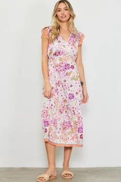 SKIES ARE BLUE Midi Dresses*Magnolia Border Print Flutter Sleeve Dress Multituscantan