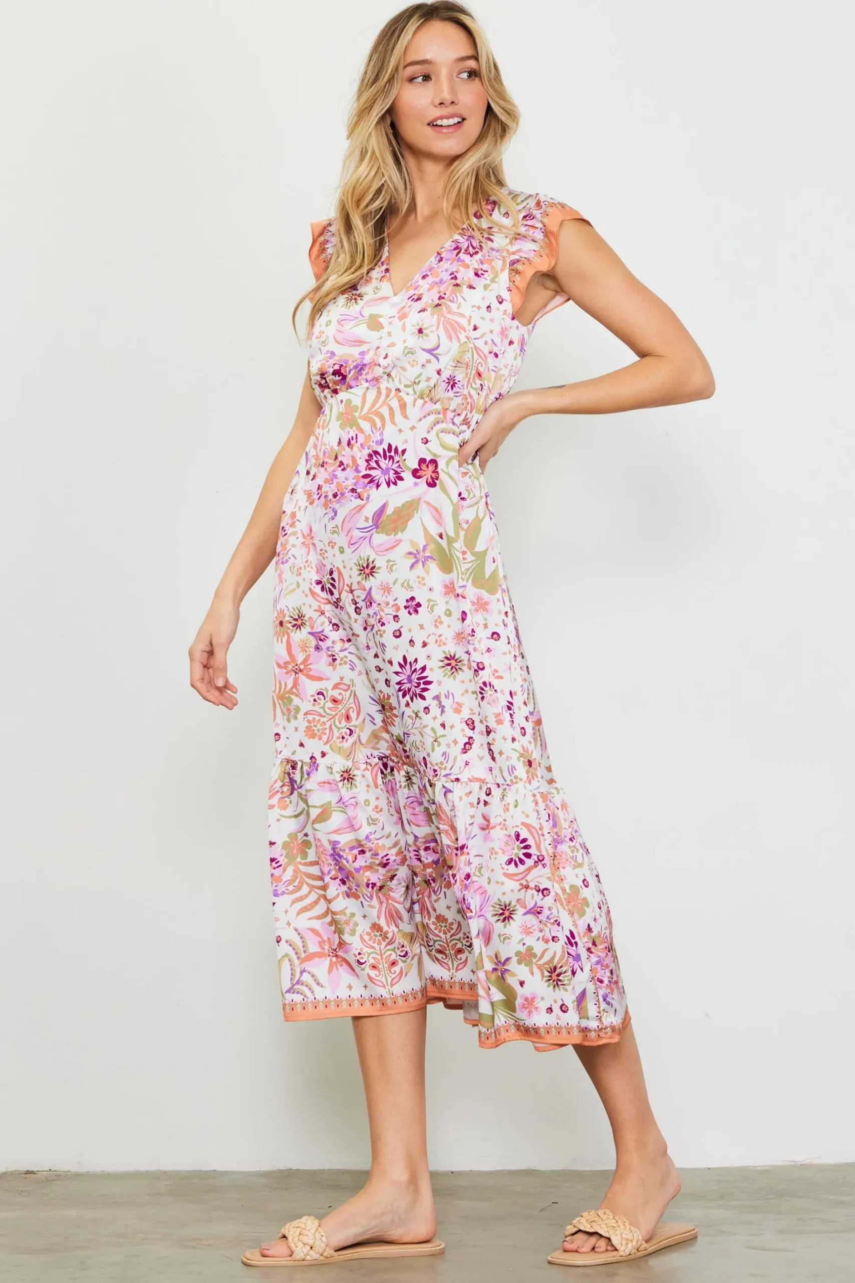 SKIES ARE BLUE Midi Dresses*Magnolia Border Print Flutter Sleeve Dress Multituscantan