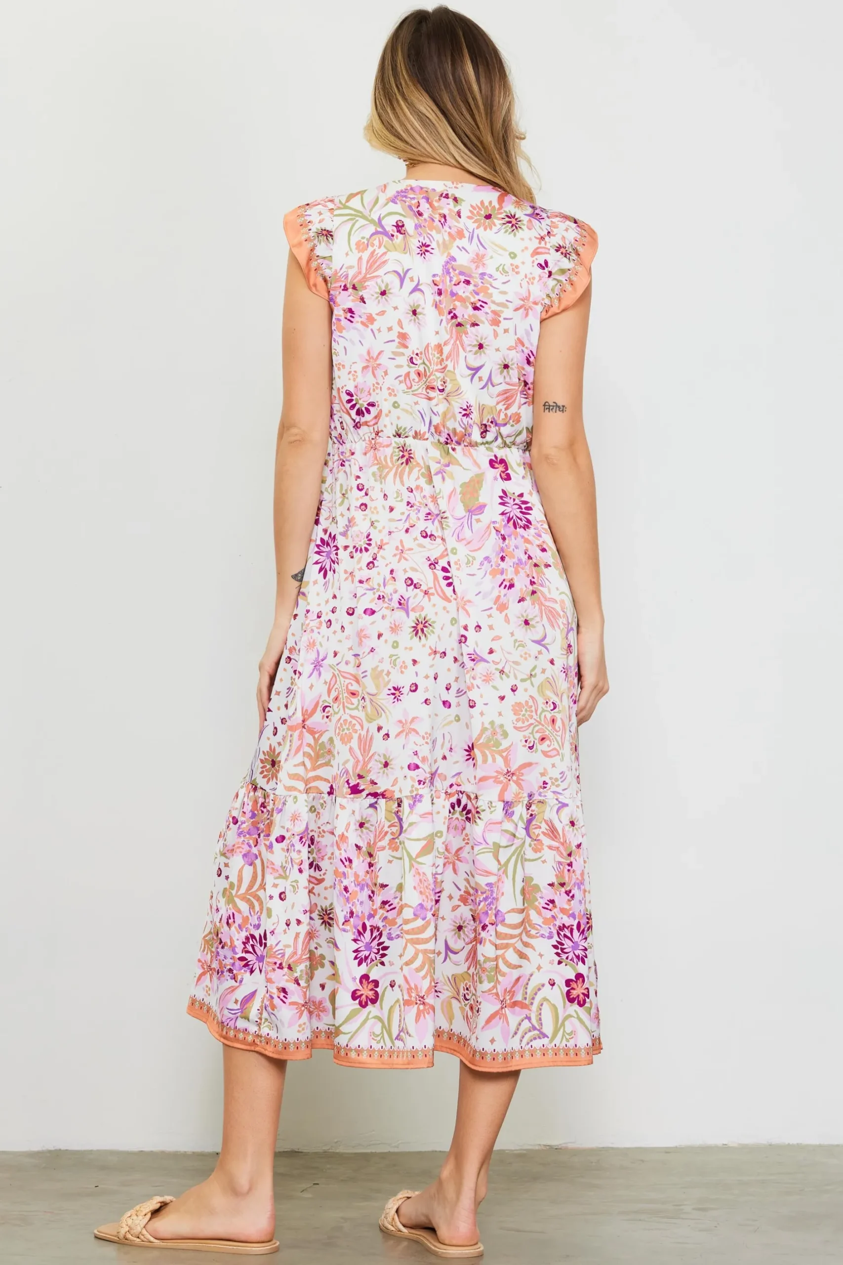 SKIES ARE BLUE Midi Dresses*Magnolia Border Print Flutter Sleeve Dress Multituscantan