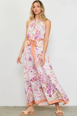 SKIES ARE BLUE Maxi Dresses*Magnolia Border Print Halter Neck Maxi Dress Floraltuscantan