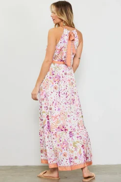 SKIES ARE BLUE Maxi Dresses*Magnolia Border Print Halter Neck Maxi Dress Floraltuscantan