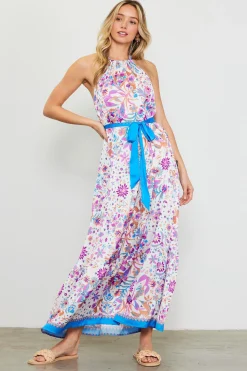 SKIES ARE BLUE Maxi Dresses*Magnolia Border Print Halter Neck Maxi Dress Floralcapriblue