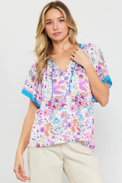 SKIES ARE BLUE Short Sleeve Tops*Magnolia Border Print Short Sleeve Top Floralcapriblue