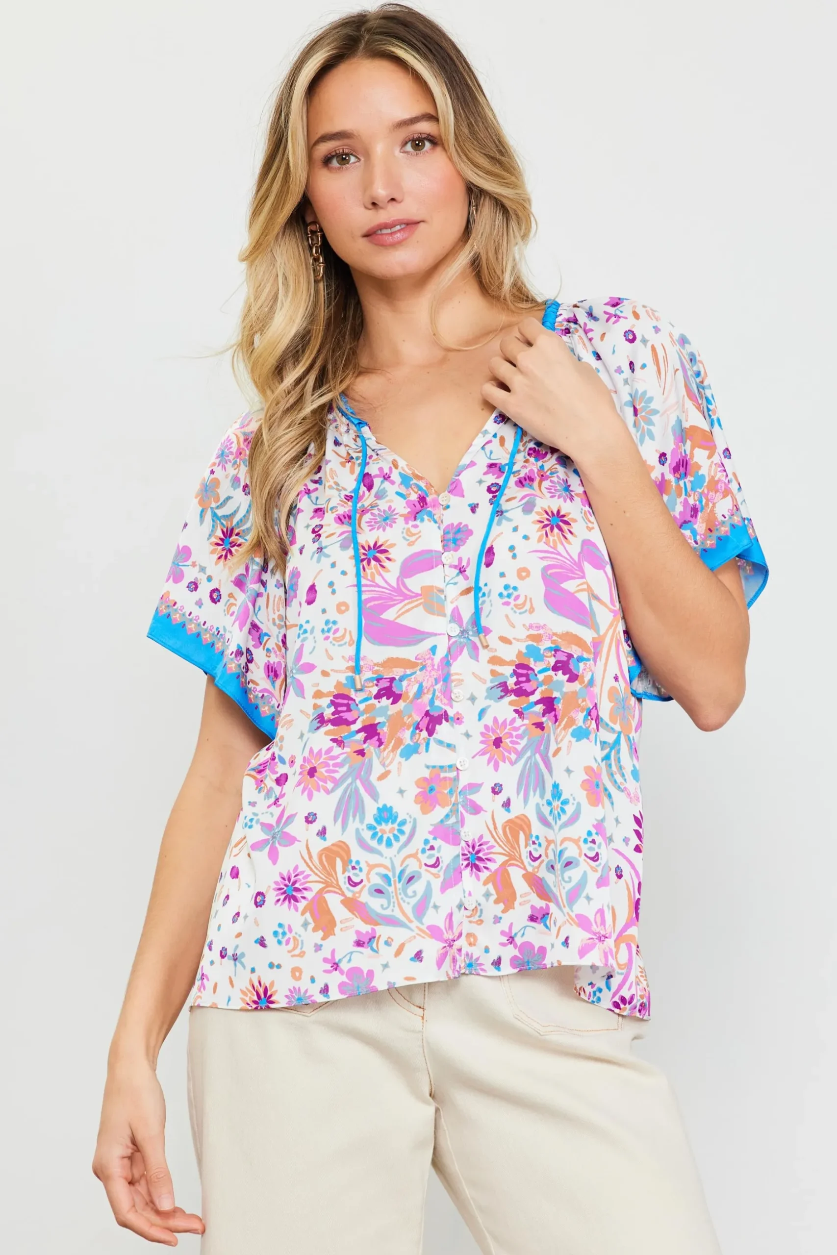 SKIES ARE BLUE Short Sleeve Tops*Magnolia Border Print Short Sleeve Top Floralcapriblue