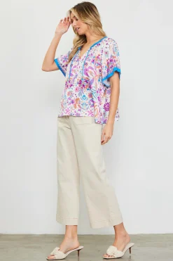 SKIES ARE BLUE Short Sleeve Tops*Magnolia Border Print Short Sleeve Top Floralcapriblue