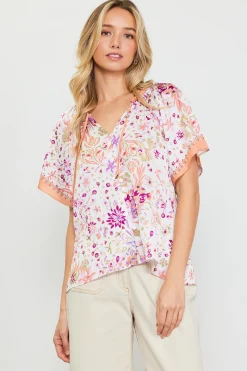 SKIES ARE BLUE Short Sleeve Tops*Magnolia Border Print Short Sleeve Top Floraltuscantan
