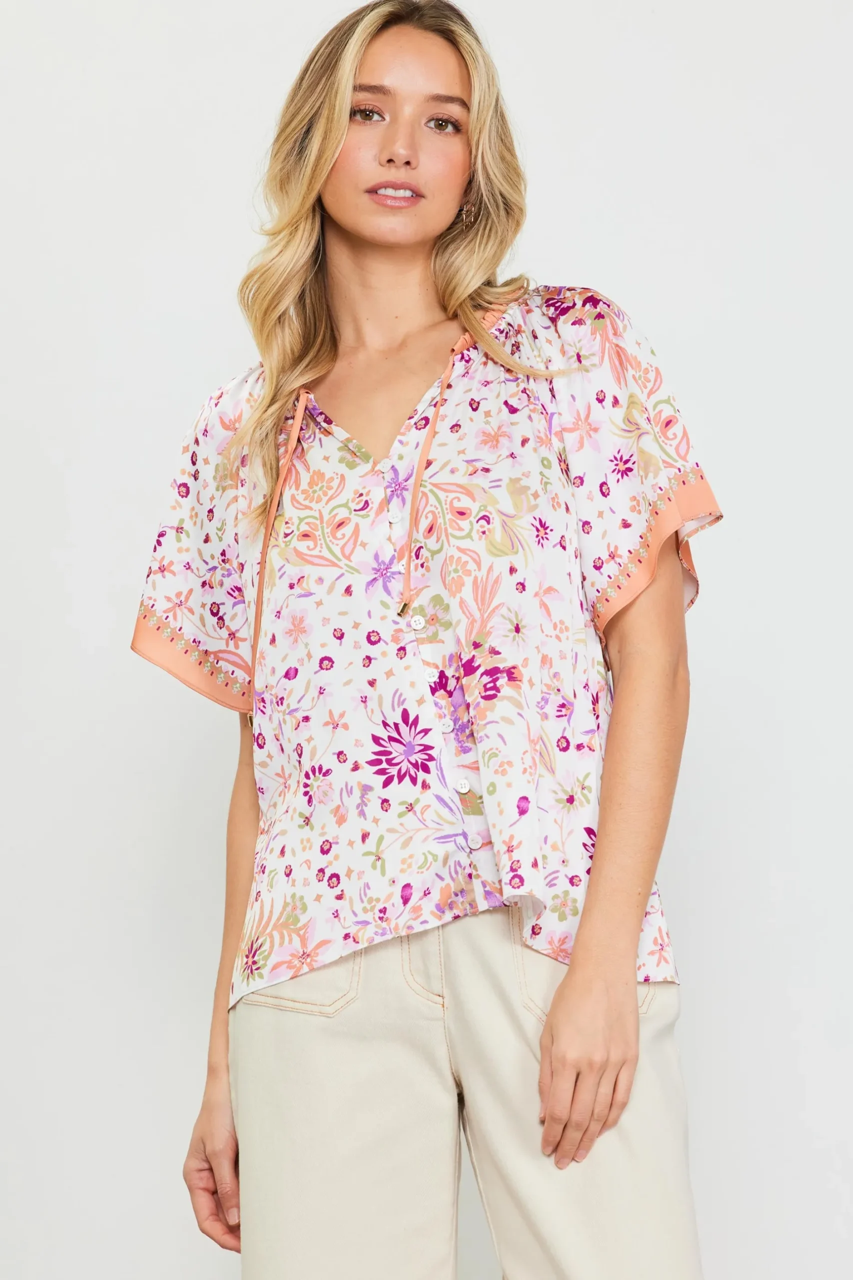 SKIES ARE BLUE Short Sleeve Tops*Magnolia Border Print Short Sleeve Top Floraltuscantan