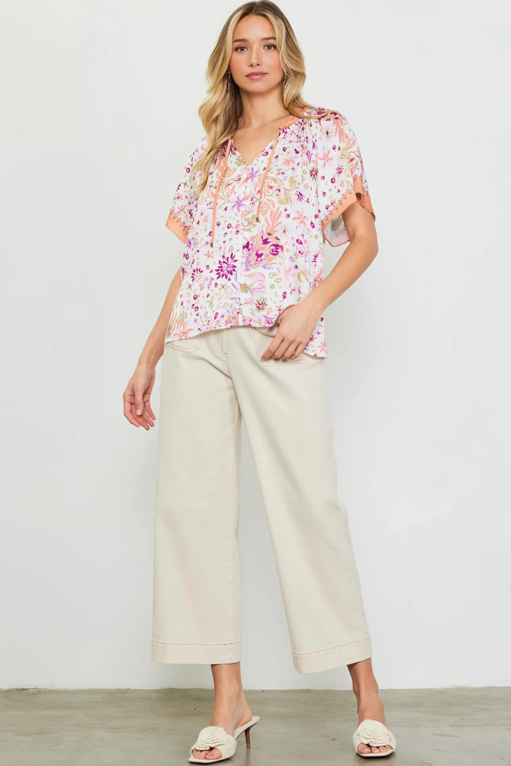 SKIES ARE BLUE Short Sleeve Tops*Magnolia Border Print Short Sleeve Top Floraltuscantan