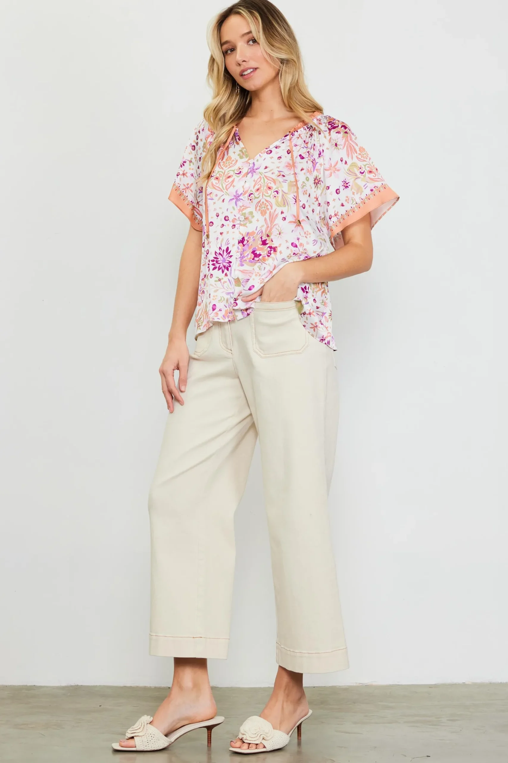 SKIES ARE BLUE Short Sleeve Tops*Magnolia Border Print Short Sleeve Top Floraltuscantan