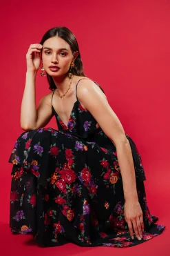 SKIES ARE BLUE Maxi Dresses*Mel Floral Print Tiered Maxi Dress Black/multi