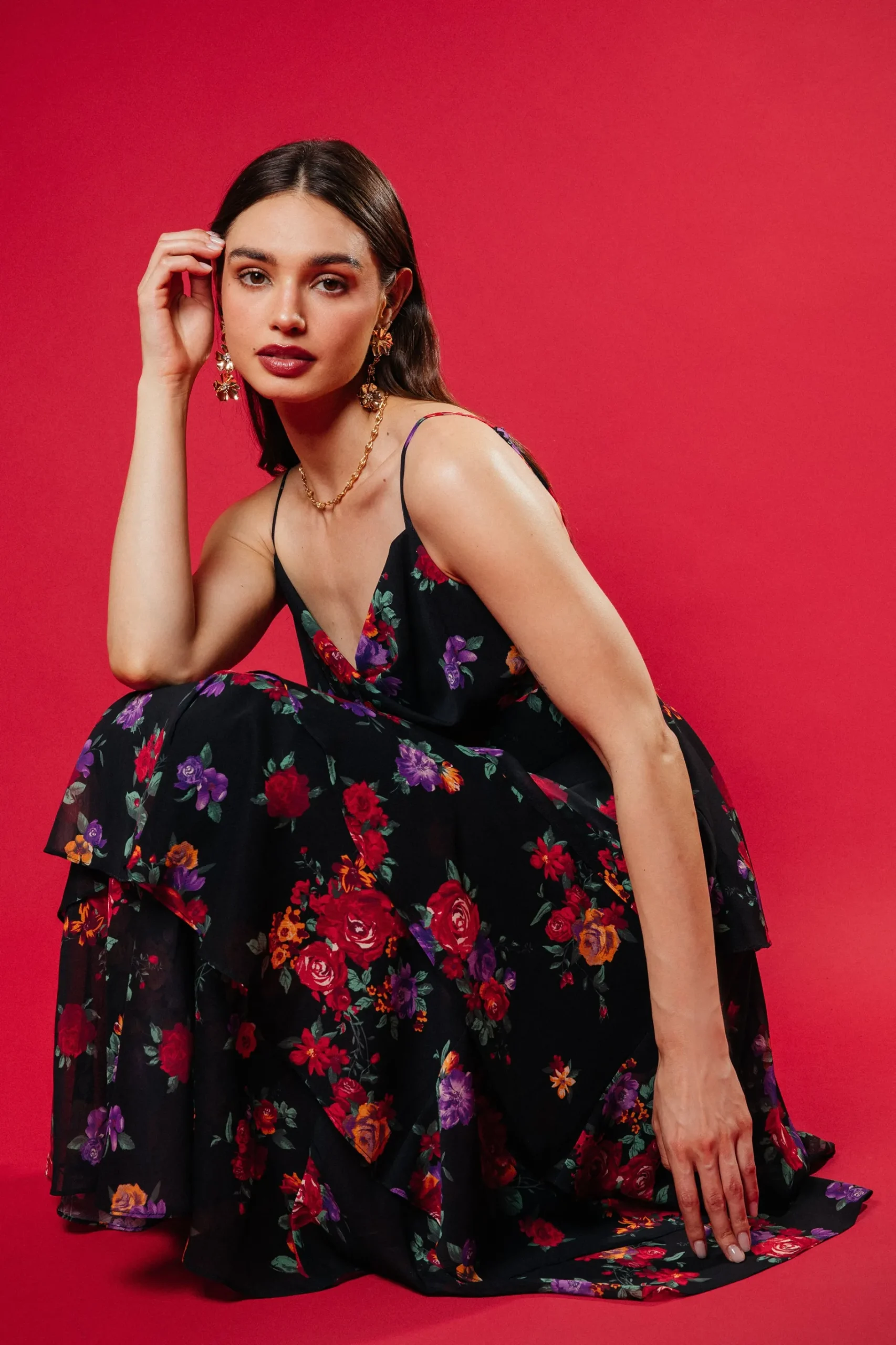 SKIES ARE BLUE Maxi Dresses*Mel Floral Print Tiered Maxi Dress Black/multi