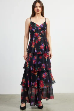 SKIES ARE BLUE Maxi Dresses*Mel Floral Print Tiered Maxi Dress Black/multi