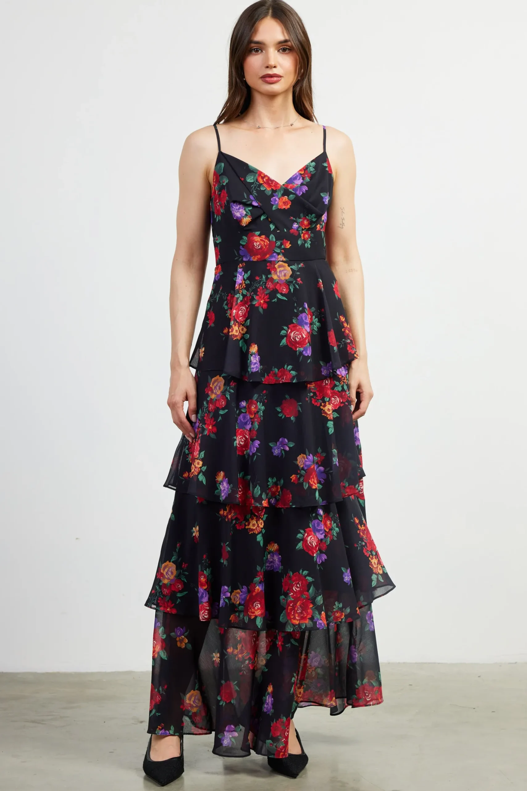 SKIES ARE BLUE Maxi Dresses*Mel Floral Print Tiered Maxi Dress Black/multi