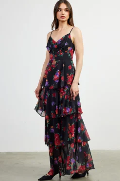 SKIES ARE BLUE Maxi Dresses*Mel Floral Print Tiered Maxi Dress Black/multi