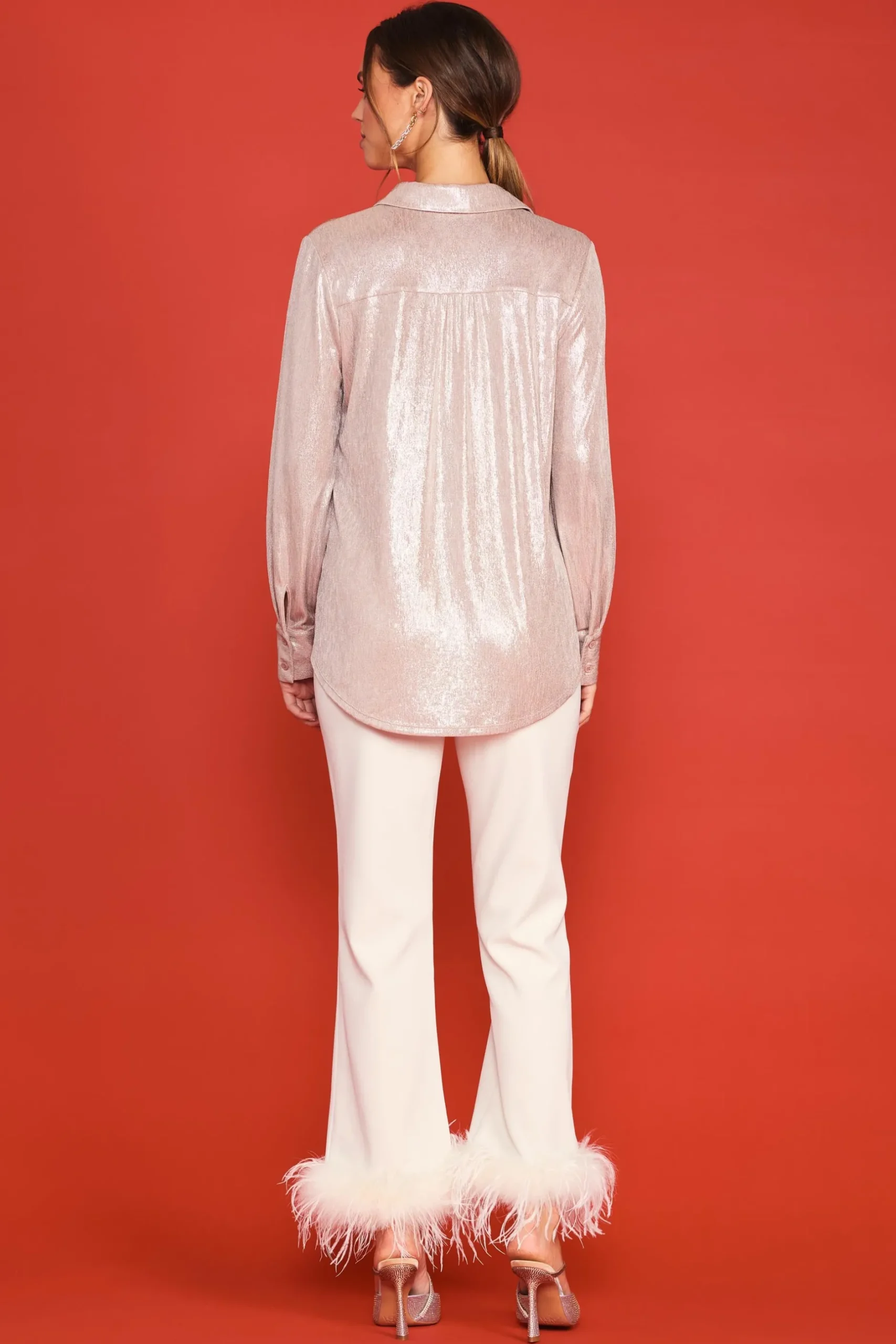 SKIES ARE BLUE Long Sleeve Tops*Metallic Foil Button Down Shirt Blush