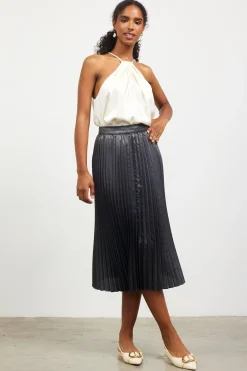 SKIES ARE BLUE Skirts*Metallic Foil Pleated Midi Skirt Black