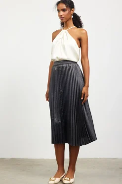 SKIES ARE BLUE Skirts*Metallic Foil Pleated Midi Skirt Black