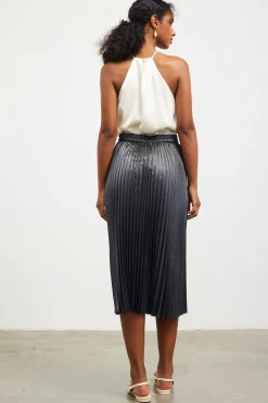SKIES ARE BLUE Skirts*Metallic Foil Pleated Midi Skirt Black