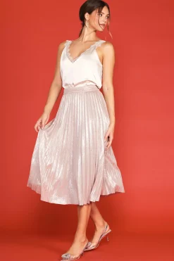 SKIES ARE BLUE Skirts*Metallic Foil Pleated Midi Skirt Blush