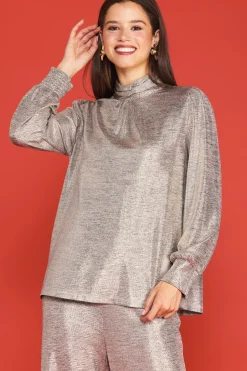 SKIES ARE BLUE Long Sleeve Tops*Metallic Foil Print Mock Neck Top Champagne