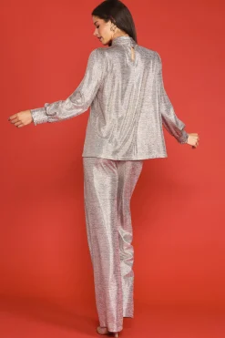 SKIES ARE BLUE Long Sleeve Tops*Metallic Foil Print Mock Neck Top Champagne
