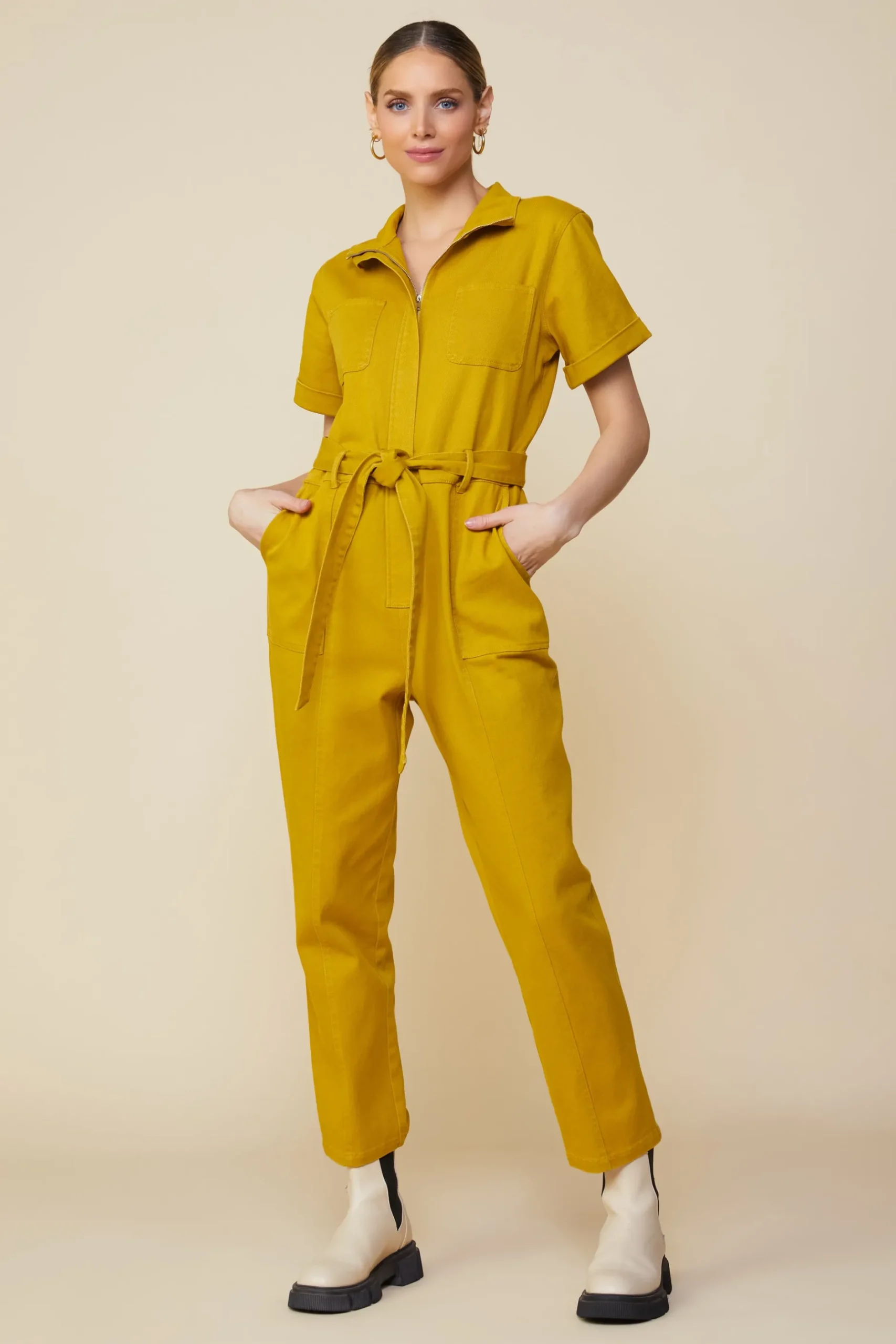 SKIES ARE BLUE Jumpsuits*Millie Utility Zip Jumpsuit Goldengreen
