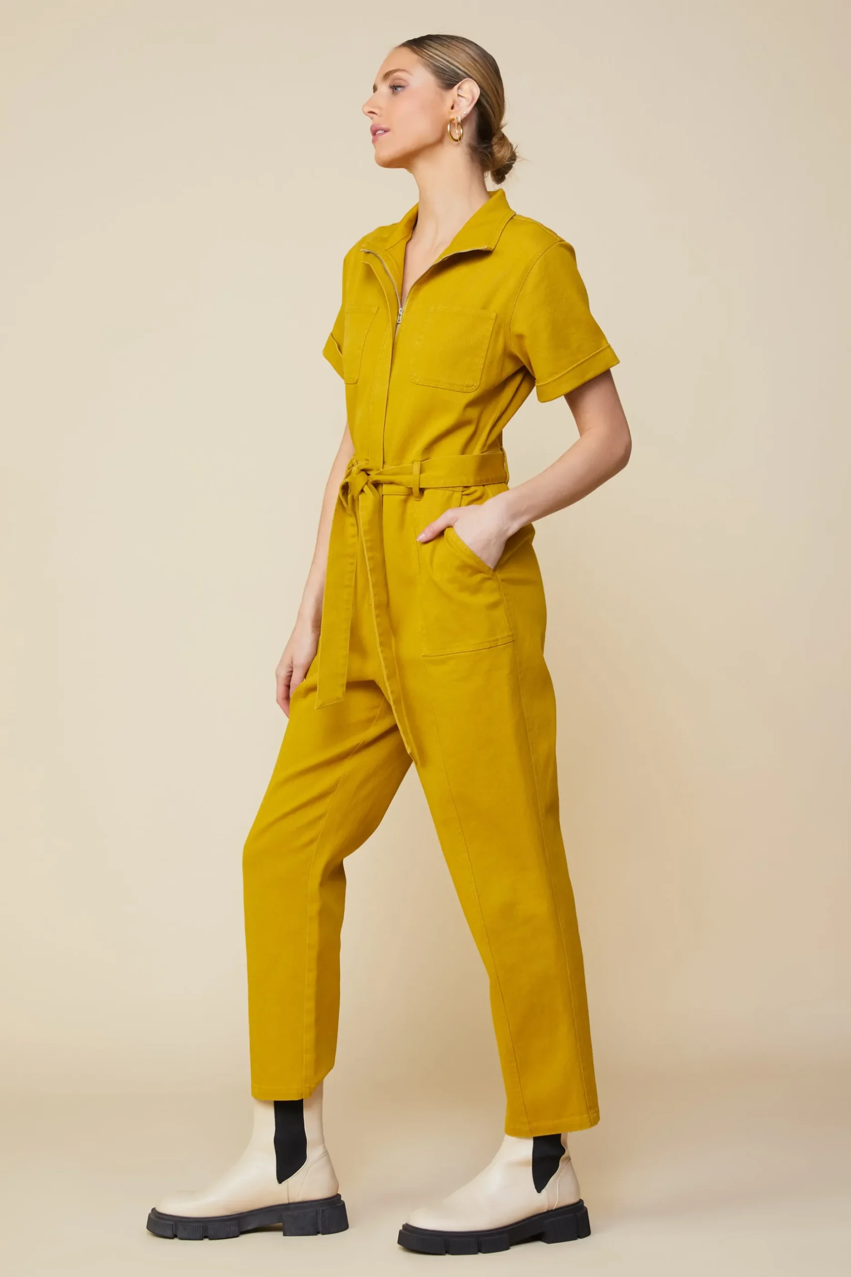 SKIES ARE BLUE Jumpsuits*Millie Utility Zip Jumpsuit Goldengreen