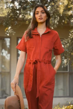 SKIES ARE BLUE Jumpsuits*Millie Utility Zip Jumpsuit Rust