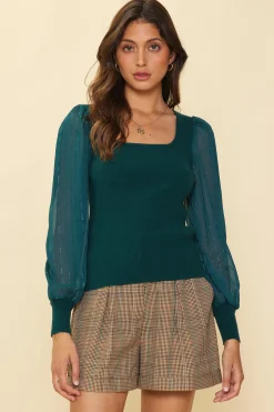 SKIES ARE BLUE Long Sleeve Tops*Mixed Media Contrast Knit Top Gemstonegreen