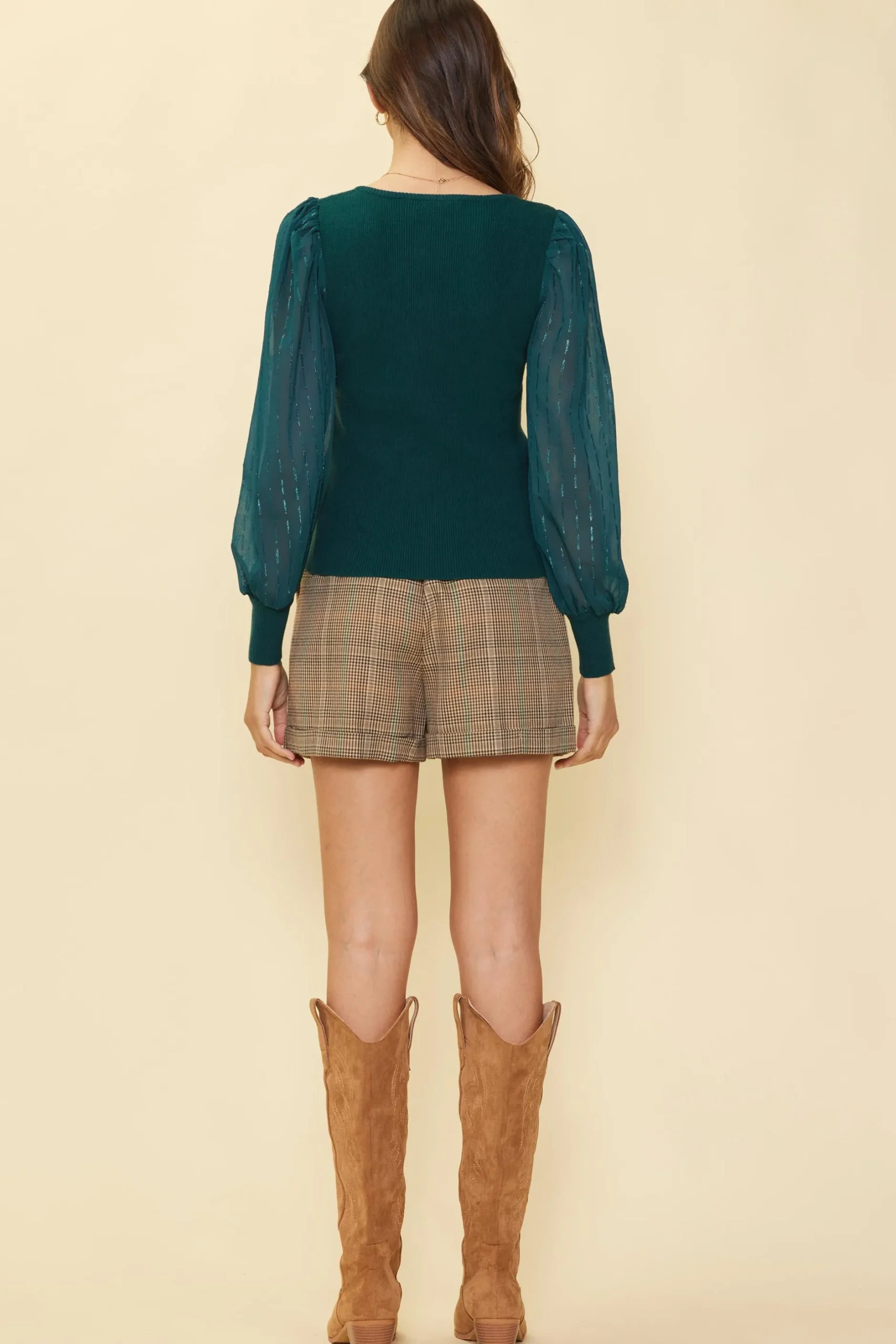 SKIES ARE BLUE Long Sleeve Tops*Mixed Media Contrast Knit Top Gemstonegreen
