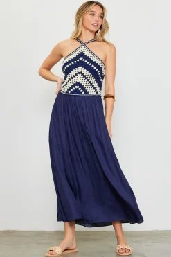 SKIES ARE BLUE Midi Dresses*Mixed Media Halter Neck Midi Dress Navy-offwhite