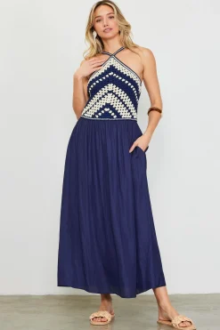 SKIES ARE BLUE Midi Dresses*Mixed Media Halter Neck Midi Dress Navy-offwhite