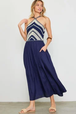 SKIES ARE BLUE Midi Dresses*Mixed Media Halter Neck Midi Dress Navy-offwhite