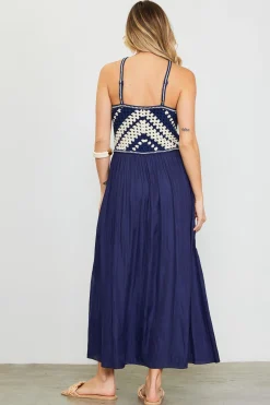 SKIES ARE BLUE Midi Dresses*Mixed Media Halter Neck Midi Dress Navy-offwhite