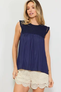 SKIES ARE BLUE Sleeveless Tops*Mixed Media Lace Top Navy