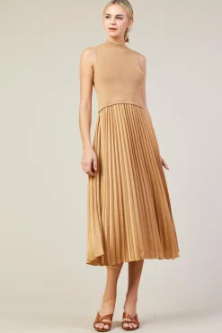 SKIES ARE BLUE Midi Dresses*Mixed Media Pleated Midi Dress Tan