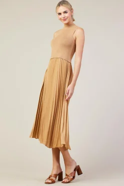 SKIES ARE BLUE Midi Dresses*Mixed Media Pleated Midi Dress Tan