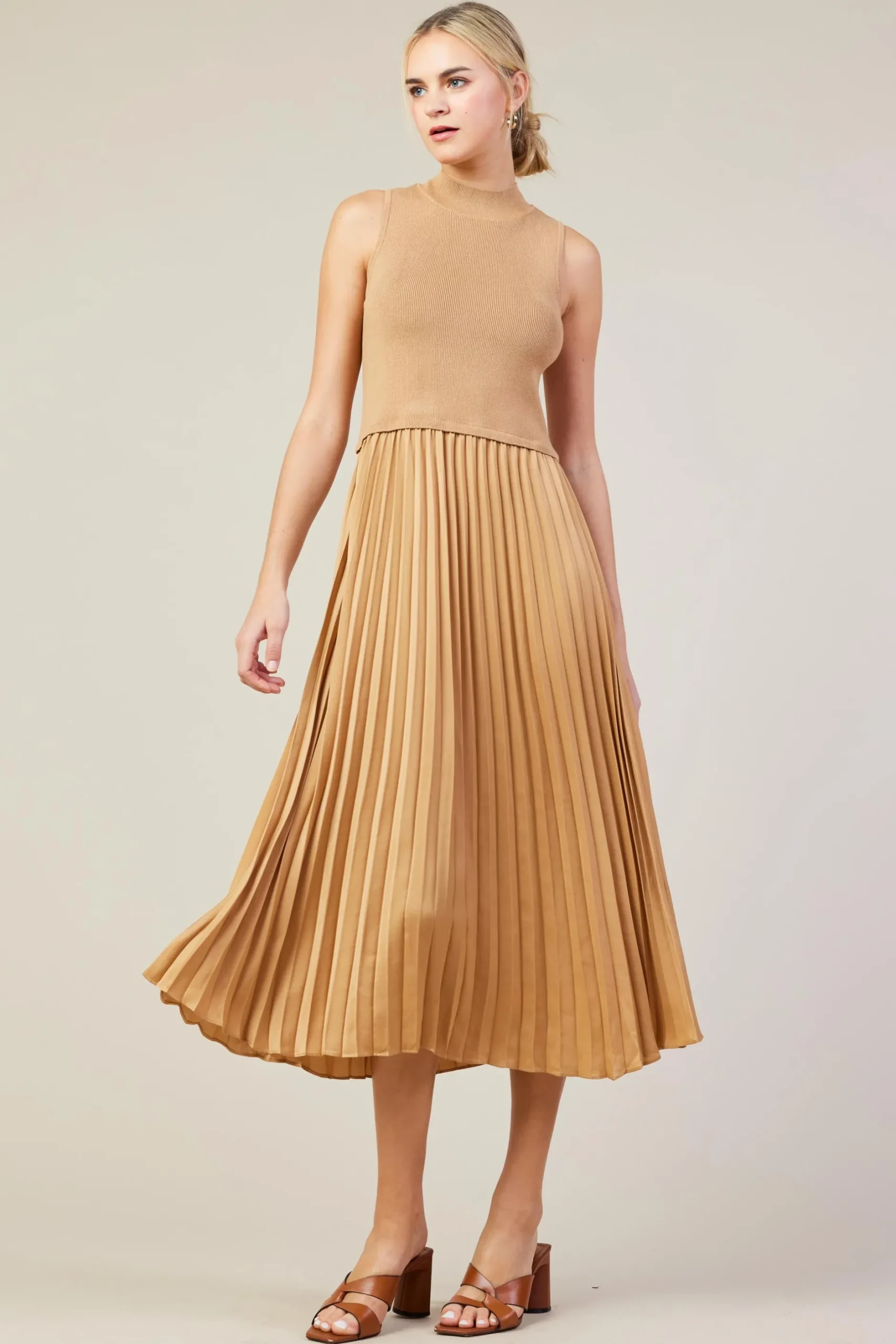 SKIES ARE BLUE Midi Dresses*Mixed Media Pleated Midi Dress Tan