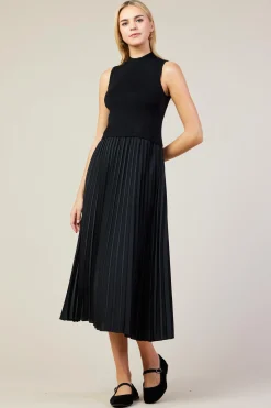 SKIES ARE BLUE Midi Dresses*Mixed Media Pleated Midi Dress Black