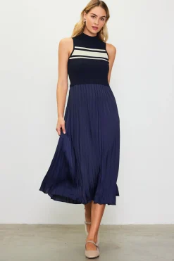 SKIES ARE BLUE Midi Dresses*Mixed Media Pleated Midi Dress Navy