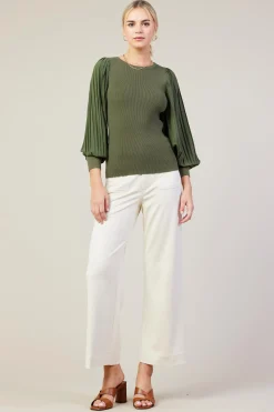 SKIES ARE BLUE Long Sleeve Tops*Mixed Media Pleated Sleeve Top Olive