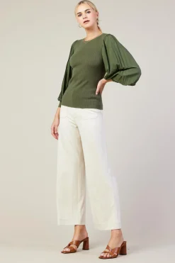 SKIES ARE BLUE Long Sleeve Tops*Mixed Media Pleated Sleeve Top Olive