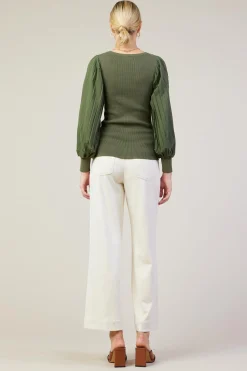 SKIES ARE BLUE Long Sleeve Tops*Mixed Media Pleated Sleeve Top Olive