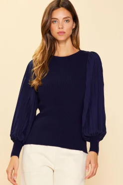 SKIES ARE BLUE Long Sleeve Tops*Mixed Media Pleated Sleeve Top Navy